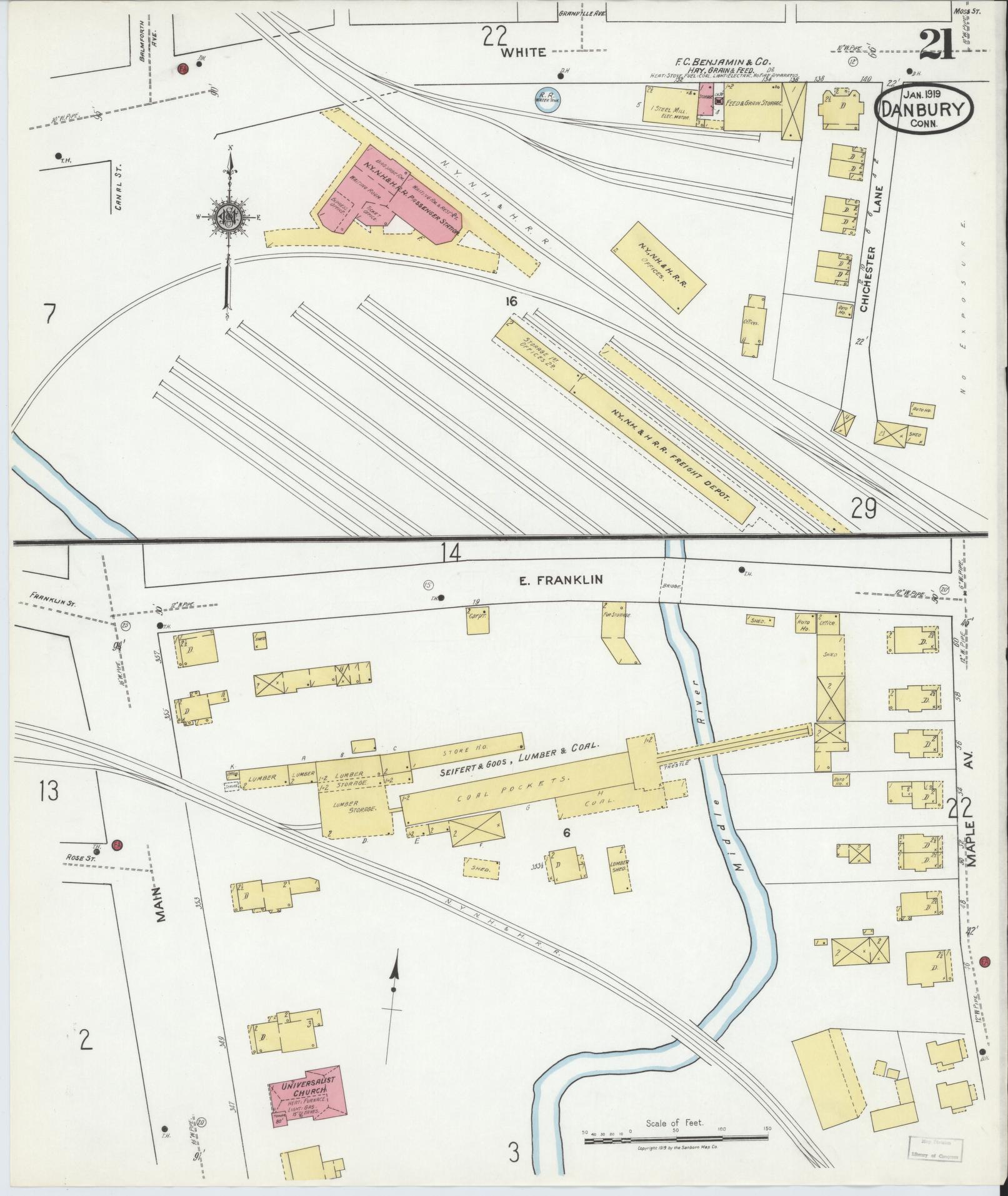 Sanborn Fire Insurance Map from Danbury, Fairfield County, Connecticut (1919), Sheet #0021 - Complete Map Set gallery image, historic Sanborn map, vintage wall art, Connecticut Connecticut