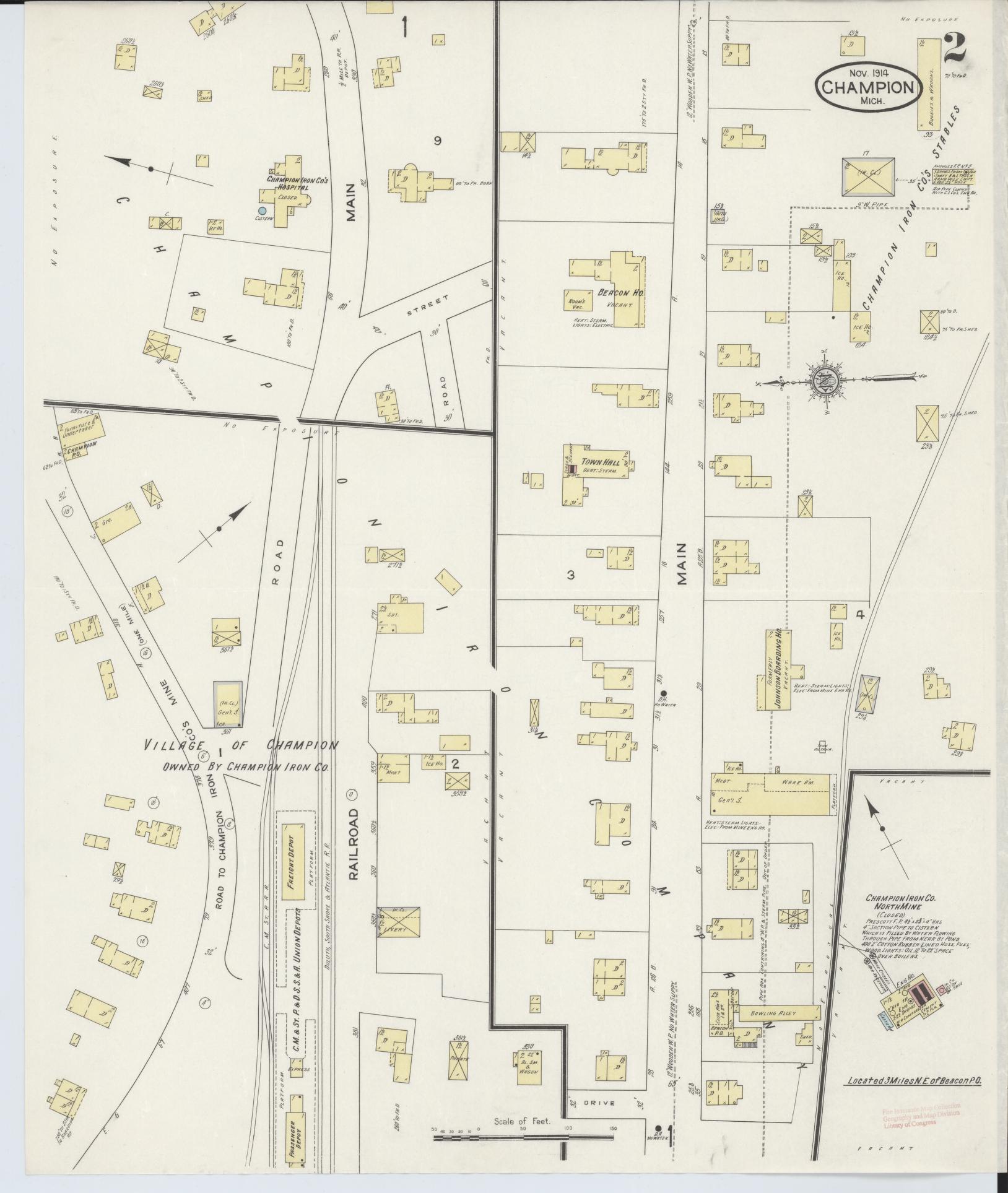 Sanborn Fire Insurance Map from Champion, Marquette County, Michigan (1914), Sheet #0002 - Historic Sanborn Fire Insurance Map Print, vintage old map wall art, antique decor, genealogy gift, Michigan Michigan map