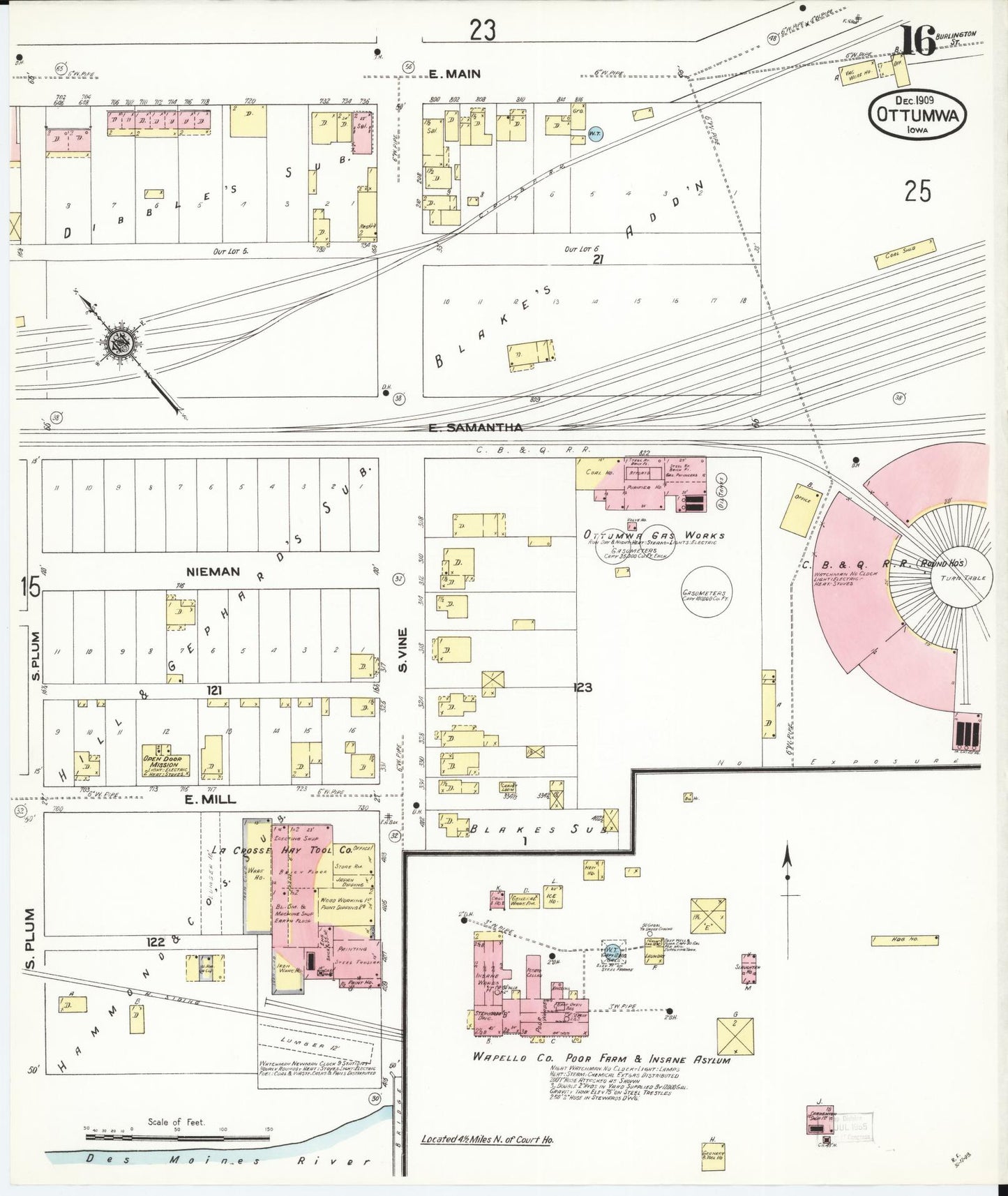 Sanborn Fire Insurance Map from Ottumwa, Wapello County, Iowa (1909), Sheet #0016 - Historic Sanborn Fire Insurance Map Print, vintage old map wall art