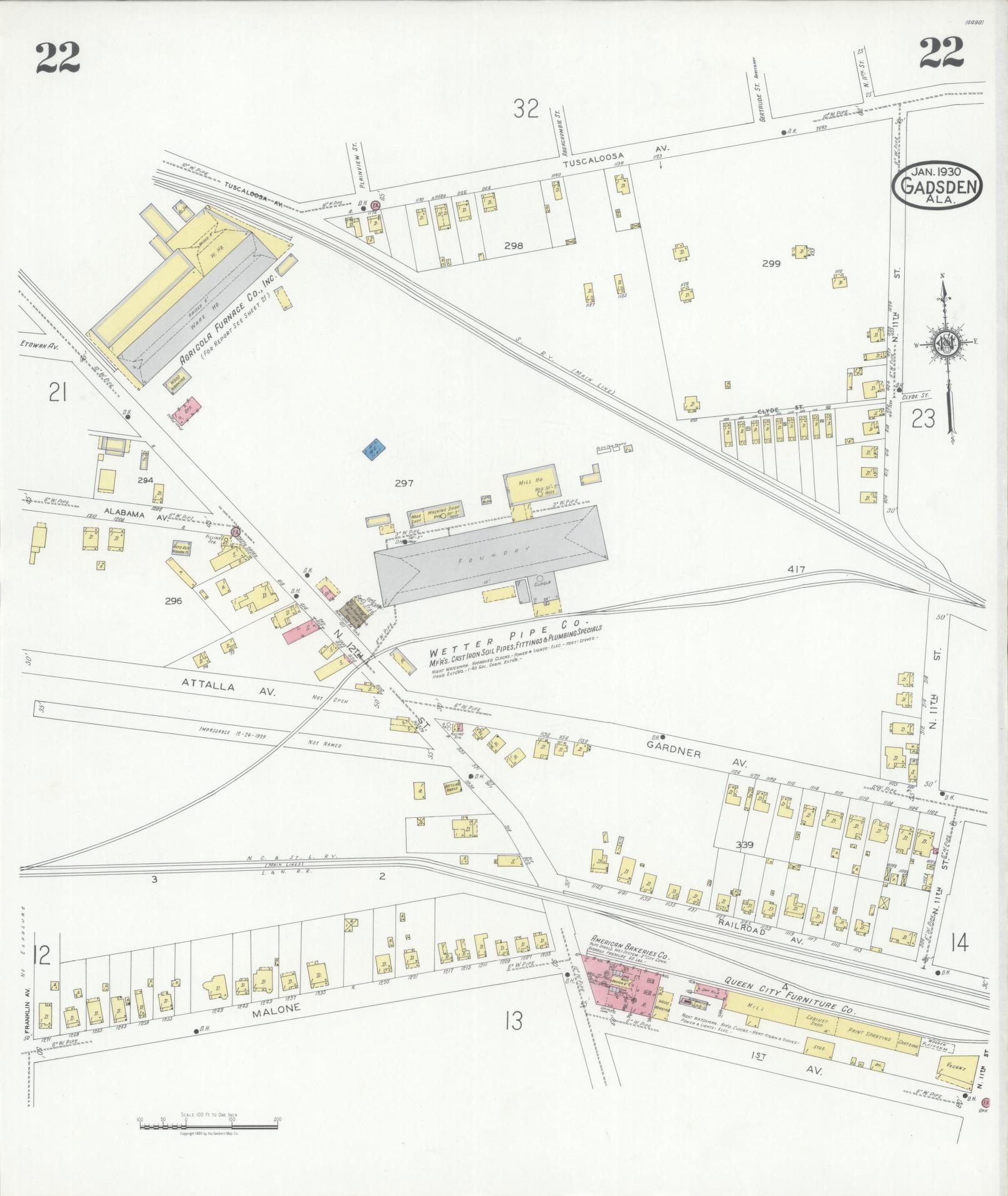 Sanborn Fire Insurance Map from Gadsden, Etowah County, Alabama (1930), Sheet #0022 - Complete Map Set gallery image, historic Sanborn map, vintage wall art, Alabama Alabama