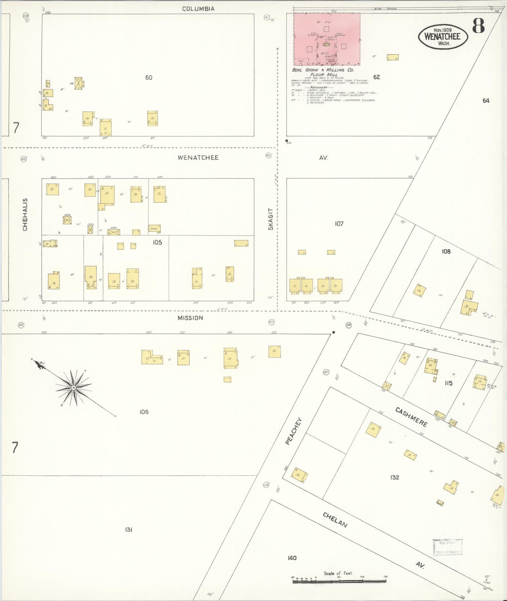Sanborn Fire Insurance Map from Wenatchee, Chelan County, Washington (1909), Sheet #0008 - Complete Map Set gallery image, historic Sanborn map, vintage wall art, Washington Washington