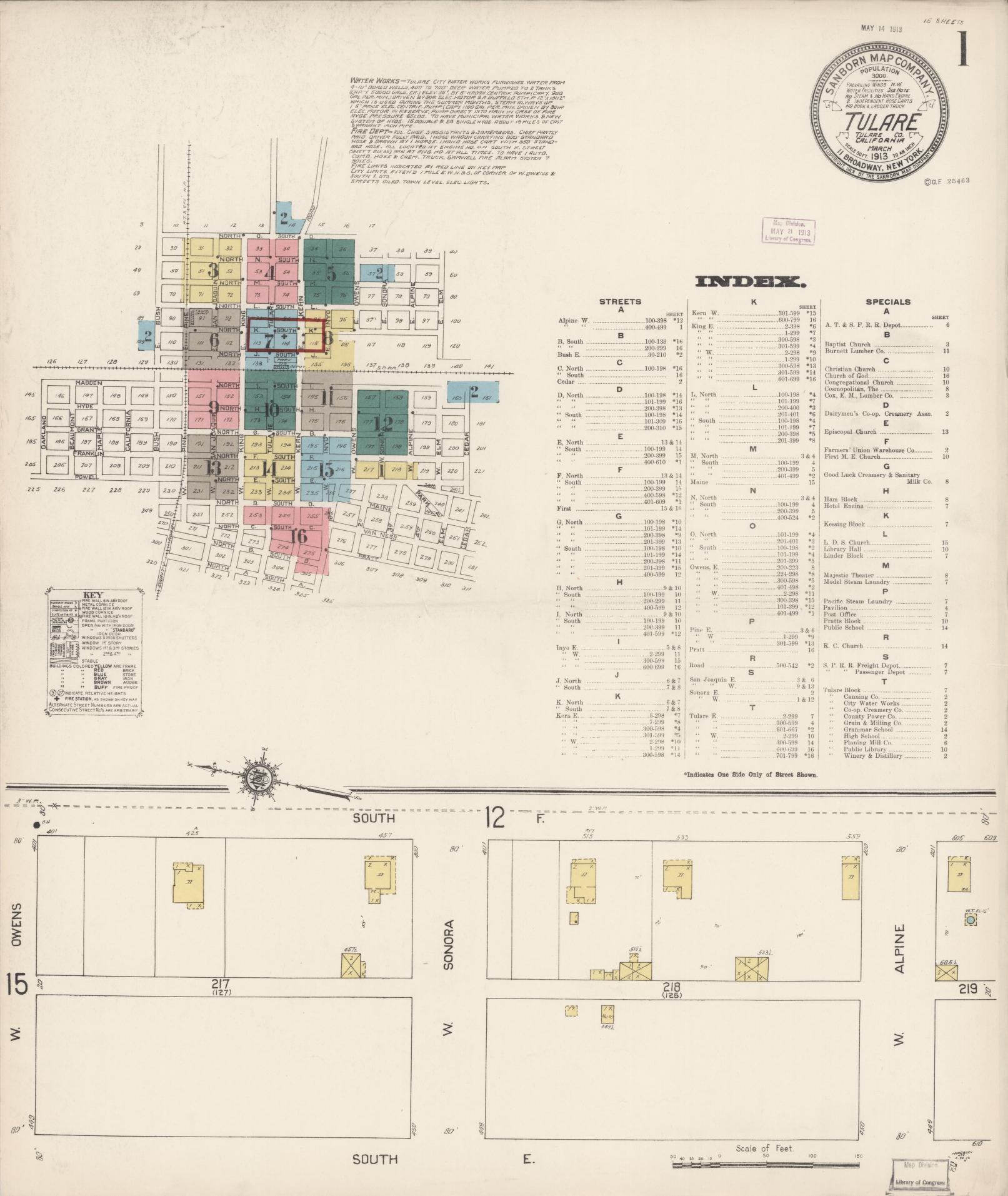 Sanborn Fire Insurance Map from Tulare, Tulare County, California (1913), Sheet #0001 - Complete Map Set gallery image, historic Sanborn map, vintage wall art, California California