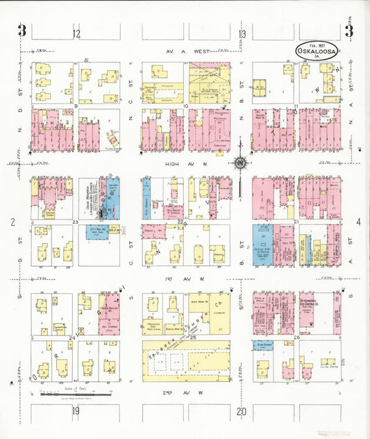 Sanborn Fire Insurance Map from Oskaloosa, Mahaska County, Iowa (1927), Sheet #0003 - Historic Sanborn Fire Insurance Map Print, vintage old map wall art