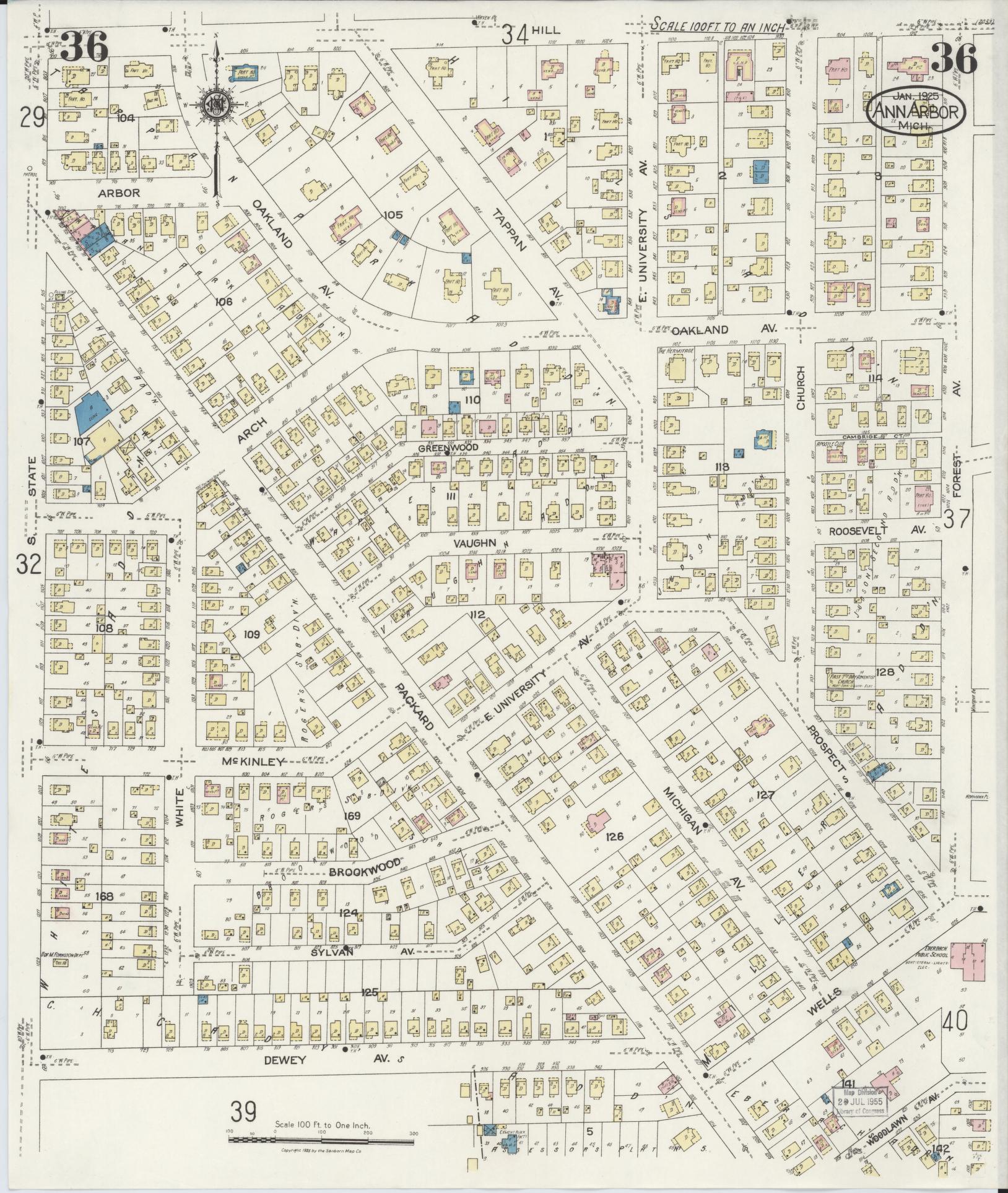 Sanborn Fire Insurance Map from Ann Arbor, Washtenaw County, Michigan (1925), Sheet #0036 - Historic Sanborn Fire Insurance Map Print, vintage old map wall art, antique decor, genealogy gift, Michigan Michigan map