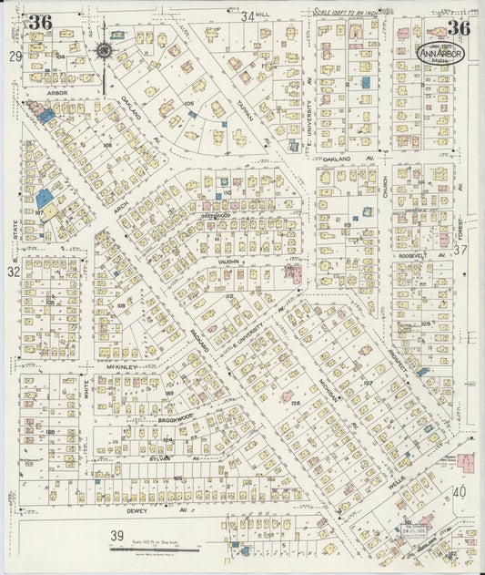 Sanborn Fire Insurance Map from Ann Arbor, Washtenaw County, Michigan (1925), Sheet #0036 - Historic Sanborn Fire Insurance Map Print, vintage old map wall art, antique decor, genealogy gift, Michigan Michigan map