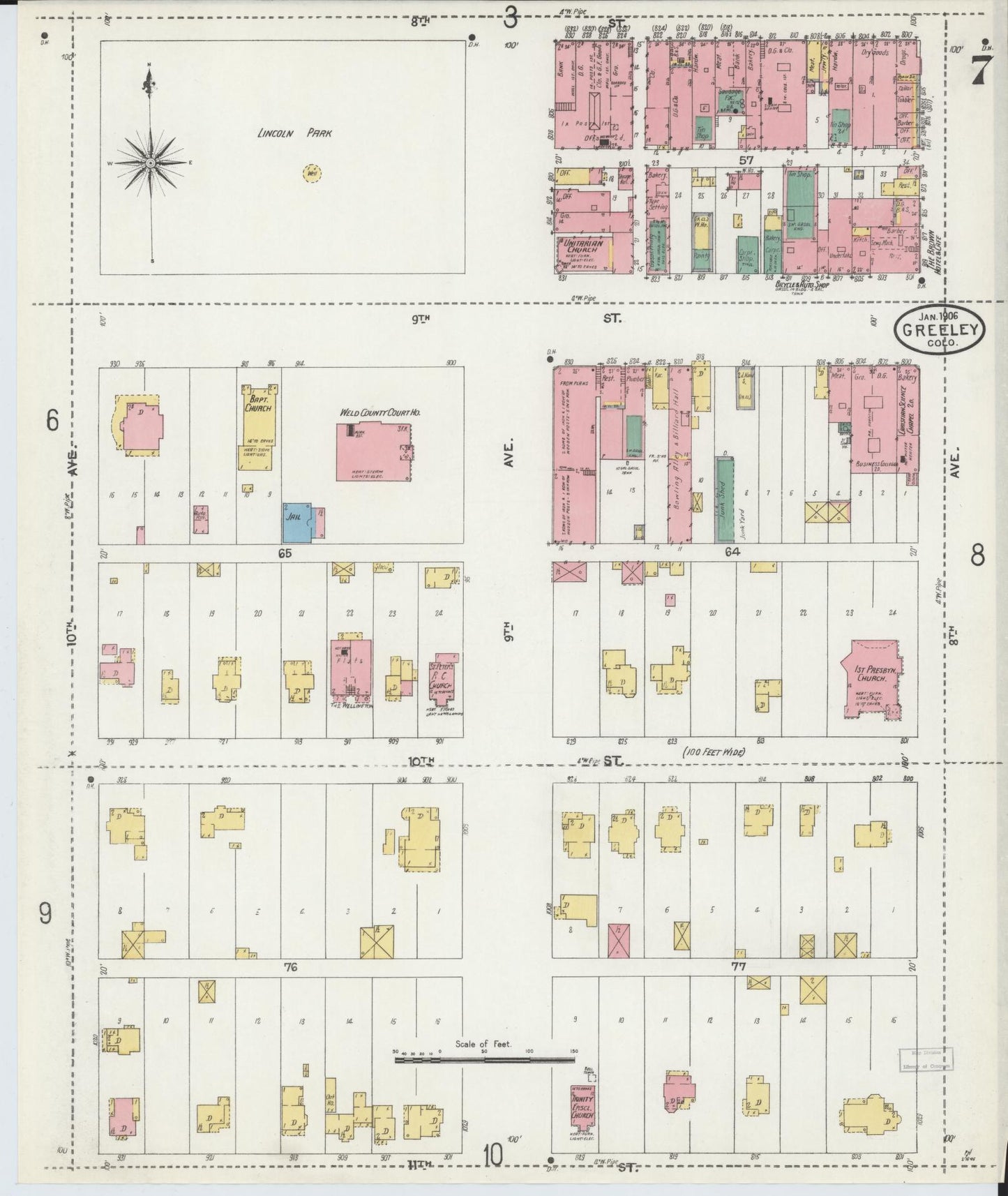 Sanborn Fire Insurance Map from Greeley, Weld County, Colorado (1906), Sheet #0007 - Historic Sanborn Fire Insurance Map Print, vintage old map wall art, antique decor, genealogy gift, Colorado Colorado map