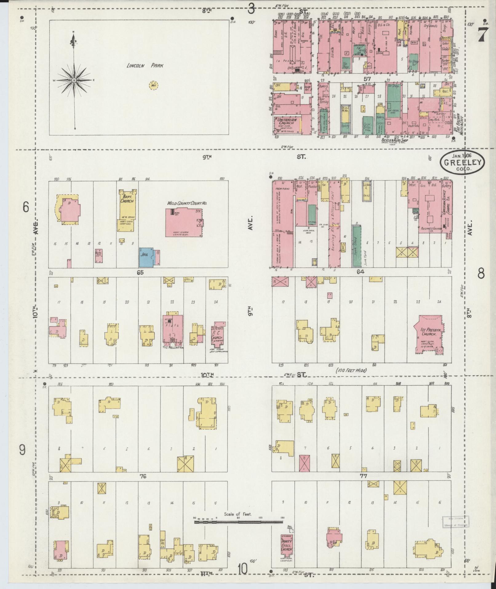 Sanborn Fire Insurance Map from Greeley, Weld County, Colorado (1906), Sheet #0007 - Historic Sanborn Fire Insurance Map Print, vintage old map wall art, antique decor, genealogy gift, Colorado Colorado map