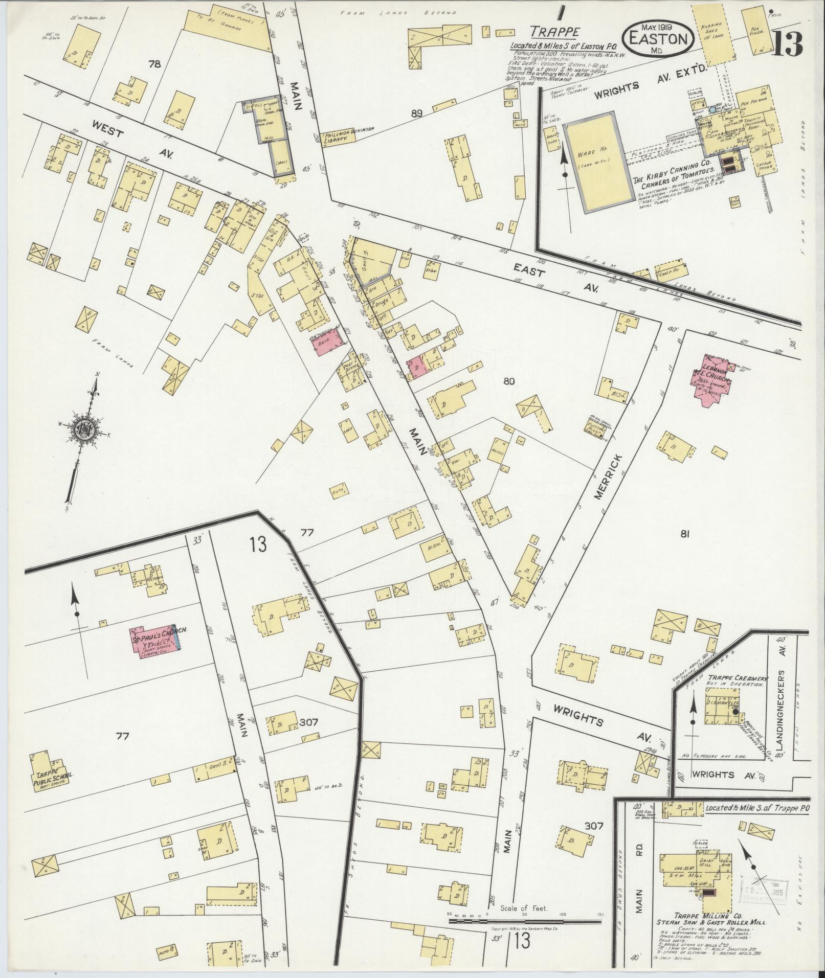 Talbot, Maryland - 1919 - Sanborn Fire Insurance Map, Sheet #0013 - Historic Sanborn Fire Insurance Map Print, Talbot Maryland 1919 0013 vintage old map wall art