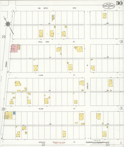 Sanborn Fire Insurance Map from Burlingame, San Mateo County, California (1921), Sheet #0030 - Historic Sanborn Fire Insurance Map Print, vintage old map wall art, antique decor, genealogy gift, California California map