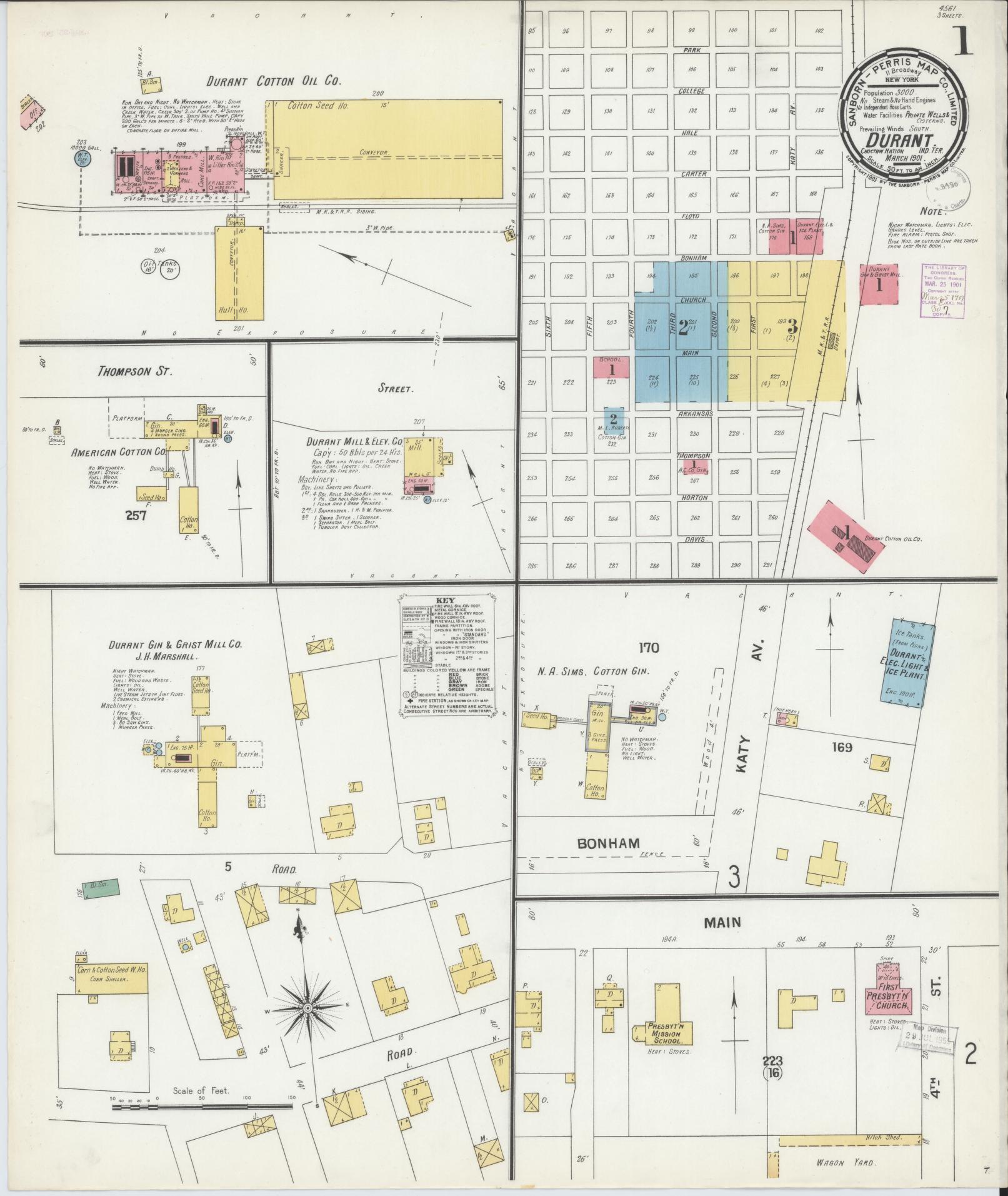 Sanborn Fire Insurance Map from Durant, Bryan County, Oklahoma (1901), Sheet #0001 - Complete Map Set gallery image, historic Sanborn map, vintage wall art, Oklahoma Oklahoma