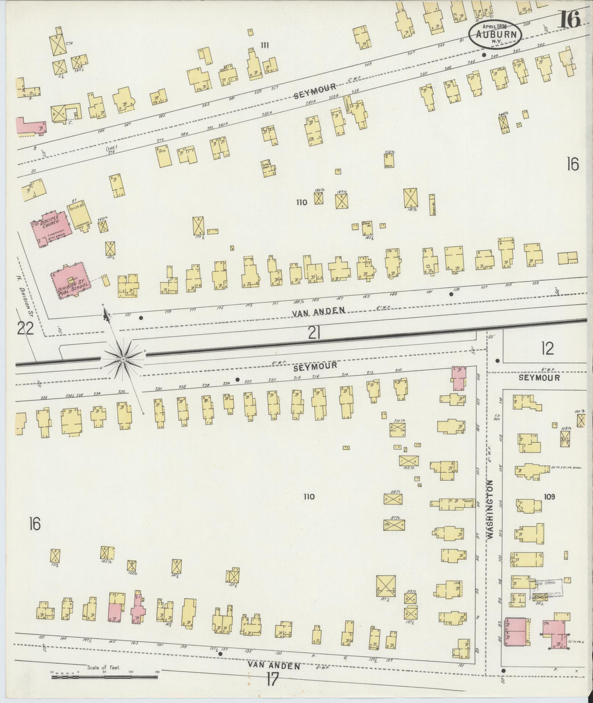 Sanborn Fire Insurance Map from Auburn, Cayuga County, New York (1898), Sheet #0016 - Historic Sanborn Fire Insurance Map Print, vintage old map wall art, antique decor, genealogy gift, New York New York map