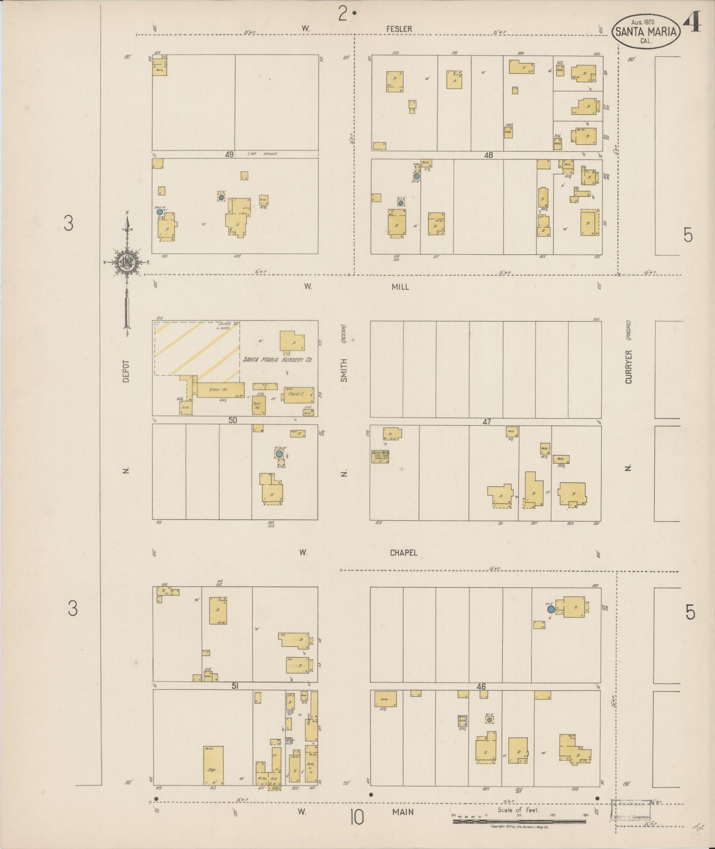 Sanborn Fire Insurance Map from Santa Maria, Santa Barbara County, California (1920), Sheet #0004 - Complete Map Set gallery image, historic Sanborn map, vintage wall art, California California