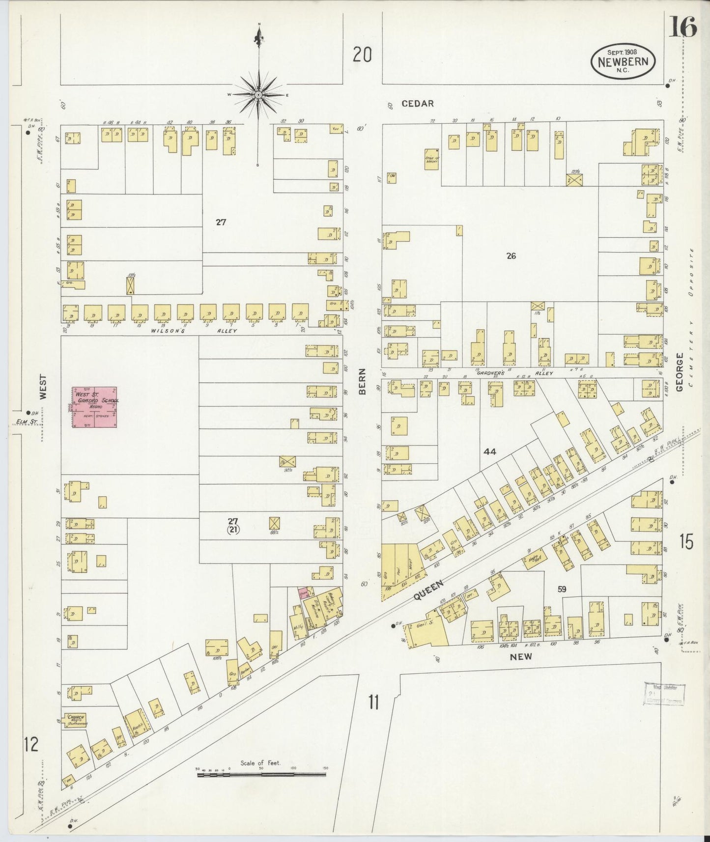 Sanborn Fire Insurance Map from New Bern, Craven County, North Carolina (1908), Sheet #0016 - Complete Map Set gallery image, historic Sanborn map, vintage wall art, North Carolina North Carolina