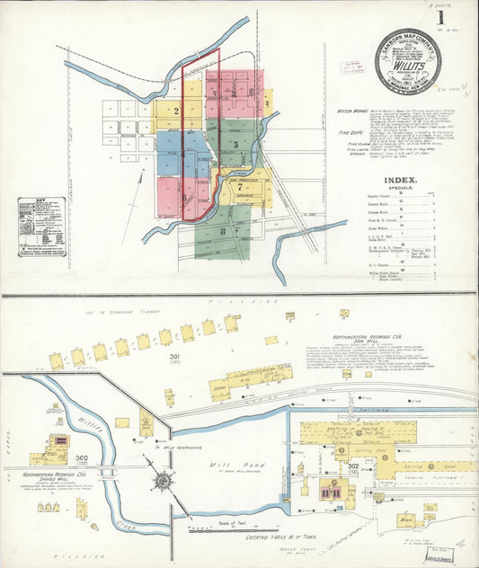 Sanborn Fire Insurance Map from Willits, Mendocino County, California (1911), Sheet #0001 - Complete Map Set gallery image, historic Sanborn map, vintage wall art, California California