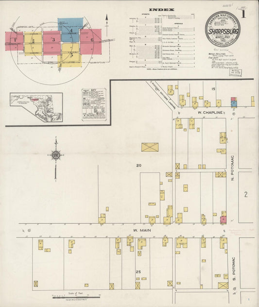 Sanborn Fire Insurance Map from Sharpsburg, Washington County, Maryland (1922), Sheet #0001 - Historic Sanborn Fire Insurance Map Print, vintage old map wall art, antique decor, genealogy gift, Maryland Maryland map