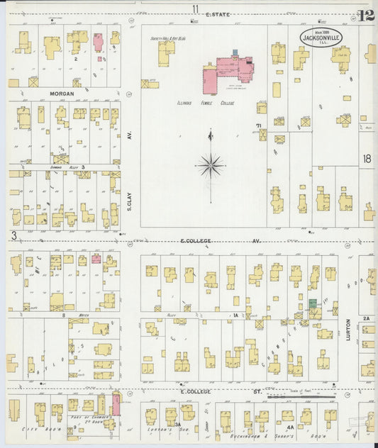 Sanborn Fire Insurance Map from Jacksonville, Morgan County, Illinois (1899), Sheet #0012 - Historic Sanborn Fire Insurance Map Print, vintage old map wall art, antique decor, genealogy gift, Illinois Illinois map