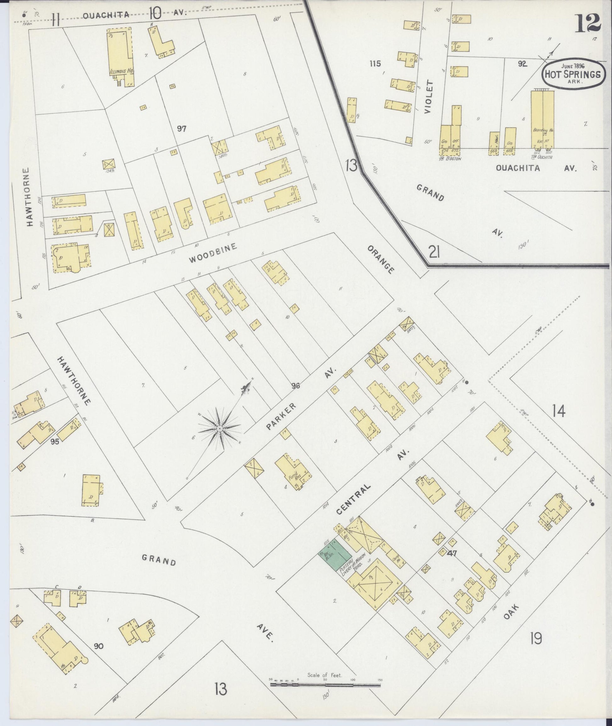 Sanborn Fire Insurance Map from Hot Springs, Garland County, Arkansas (1896), Sheet #0012 - Historic Sanborn Fire Insurance Map Print, vintage old map wall art, antique decor, genealogy gift, Arkansas Arkansas map