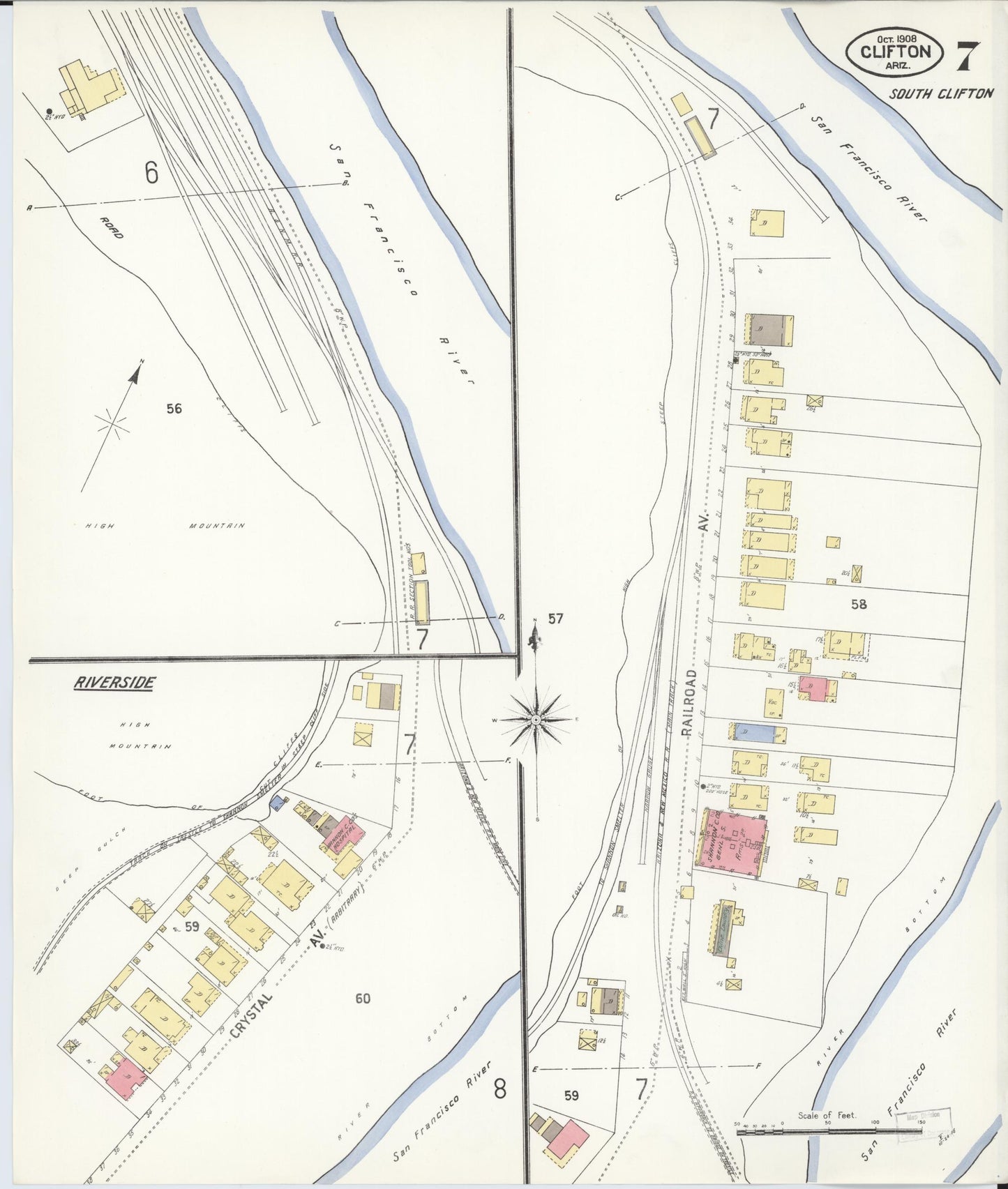 Sanborn Fire Insurance Map from Clifton, Greenlee County, Arizona (1908), Sheet #0007 - Complete Map Set gallery image, historic Sanborn map, vintage wall art, Arizona Arizona