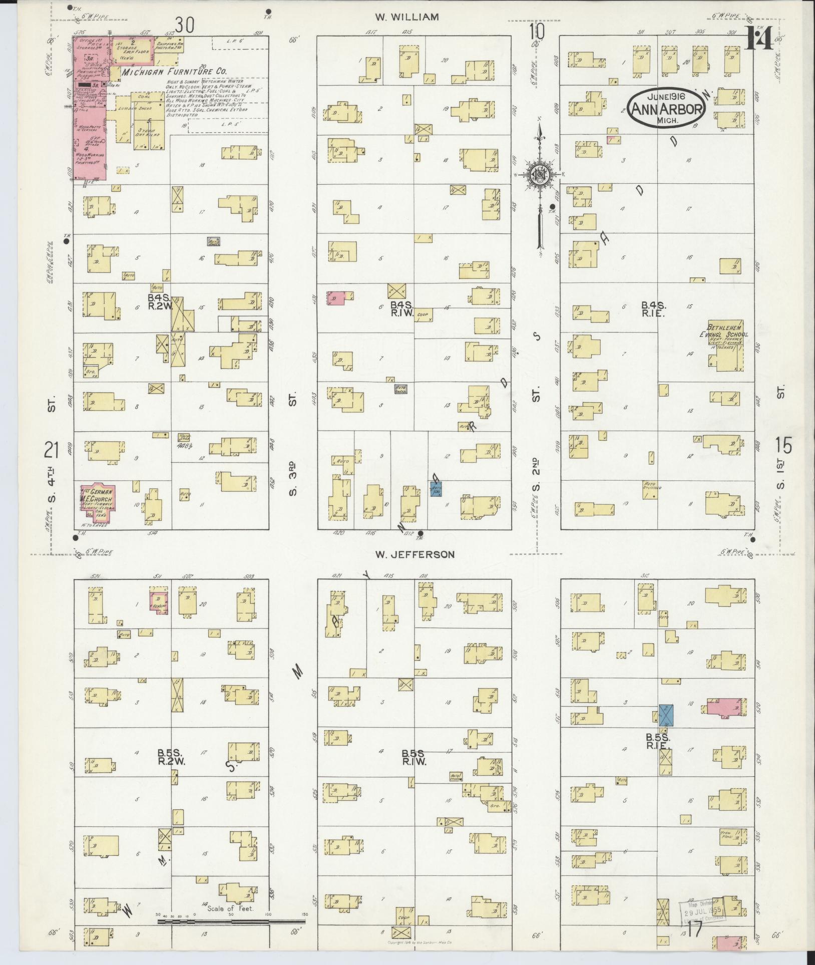 Sanborn Fire Insurance Map from Ann Arbor, Washtenaw County, Michigan (1916), Sheet #0014 - Historic Sanborn Fire Insurance Map Print, vintage old map wall art, antique decor, genealogy gift, Michigan Michigan map