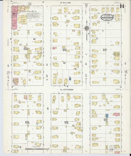 Sanborn Fire Insurance Map from Ann Arbor, Washtenaw County, Michigan (1916), Sheet #0014 - Historic Sanborn Fire Insurance Map Print, vintage old map wall art, antique decor, genealogy gift, Michigan Michigan map