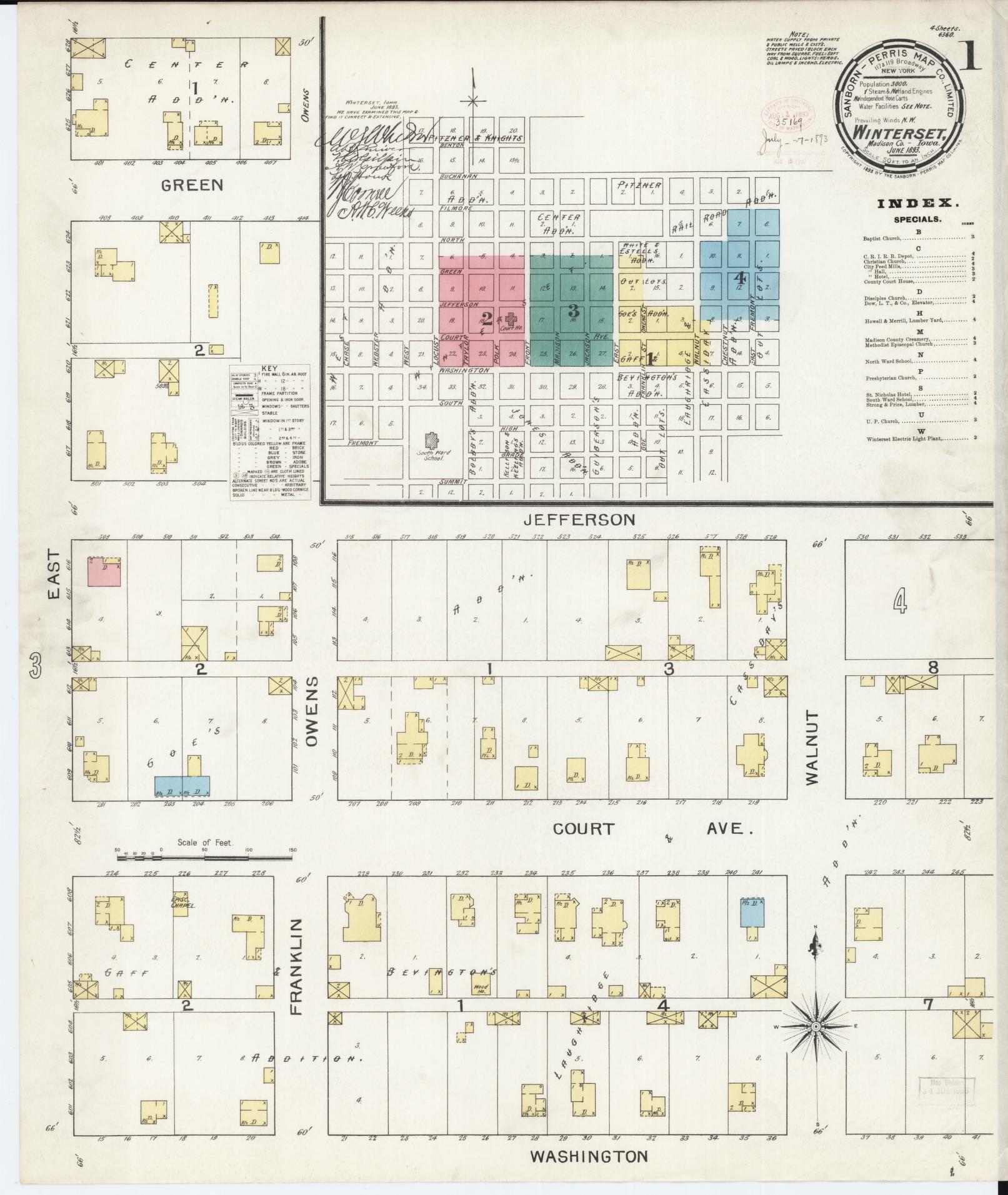 Sanborn Fire Insurance Map from Winterset, Madison County, Iowa (1893), Sheet #0001 - Historic Sanborn Fire Insurance Map Print, vintage old map wall art