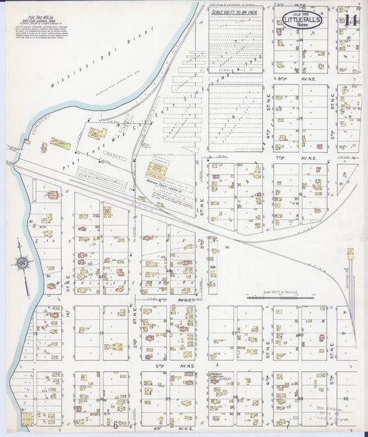 Sanborn Fire Insurance Map from Little Falls, Morrison County, Minnesota (1915), Sheet #0014 - Historic Sanborn Fire Insurance Map Print, vintage old map wall art, antique decor, genealogy gift, Minnesota Minnesota map