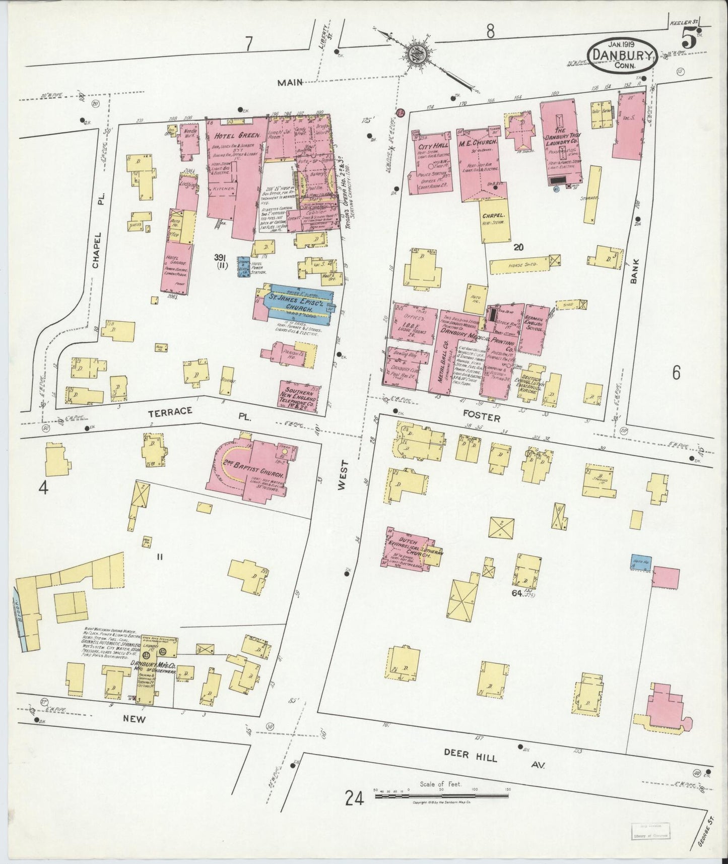 Sanborn Fire Insurance Map from Danbury, Fairfield County, Connecticut (1919), Sheet #0005 - Complete Map Set gallery image, historic Sanborn map, vintage wall art, Connecticut Connecticut