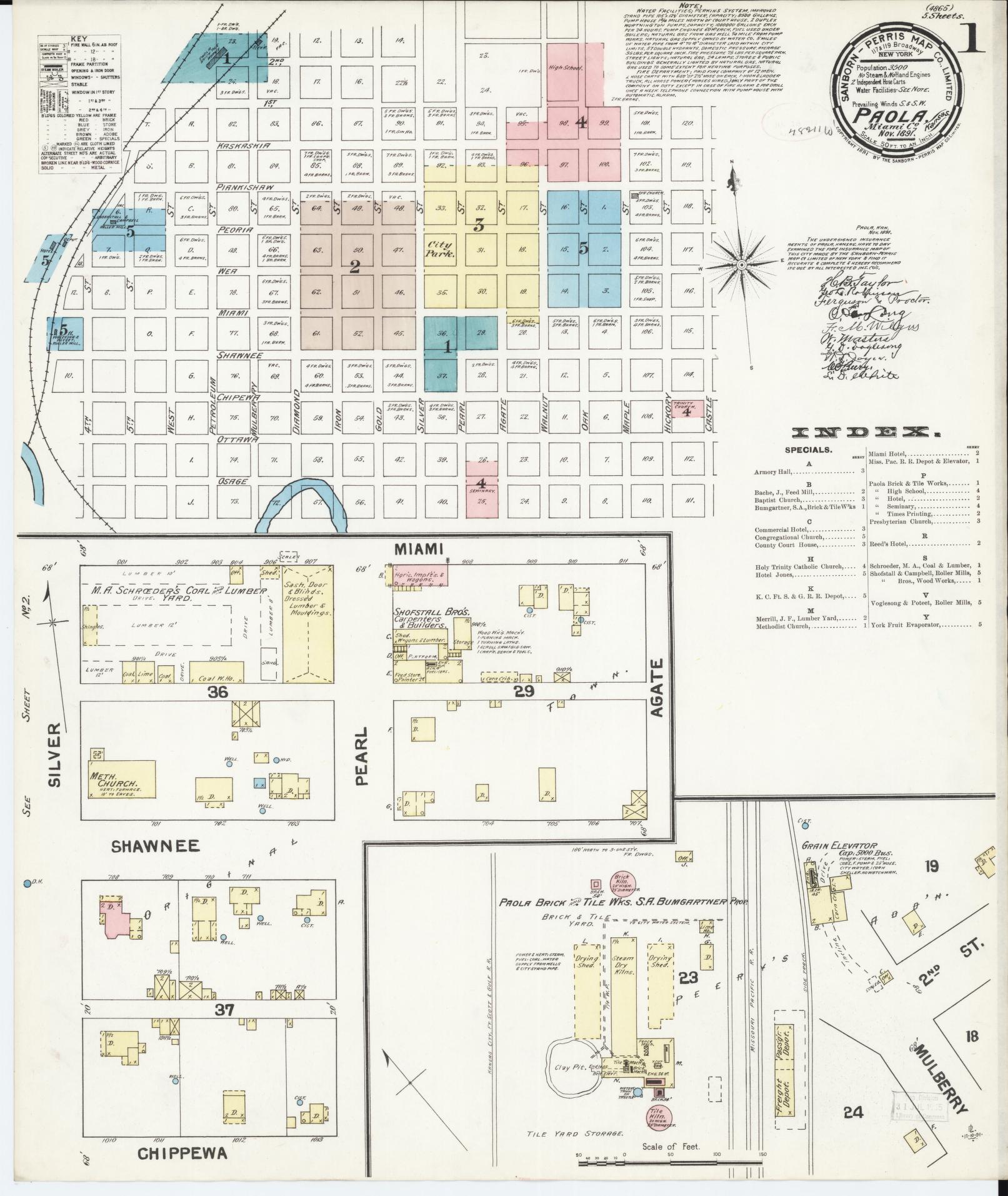 Sanborn Fire Insurance Map from Paola, Miami County, Kansas (1891), Sheet #0001 - Complete Map Set gallery image, historic Sanborn map, vintage wall art, Kansas Kansas