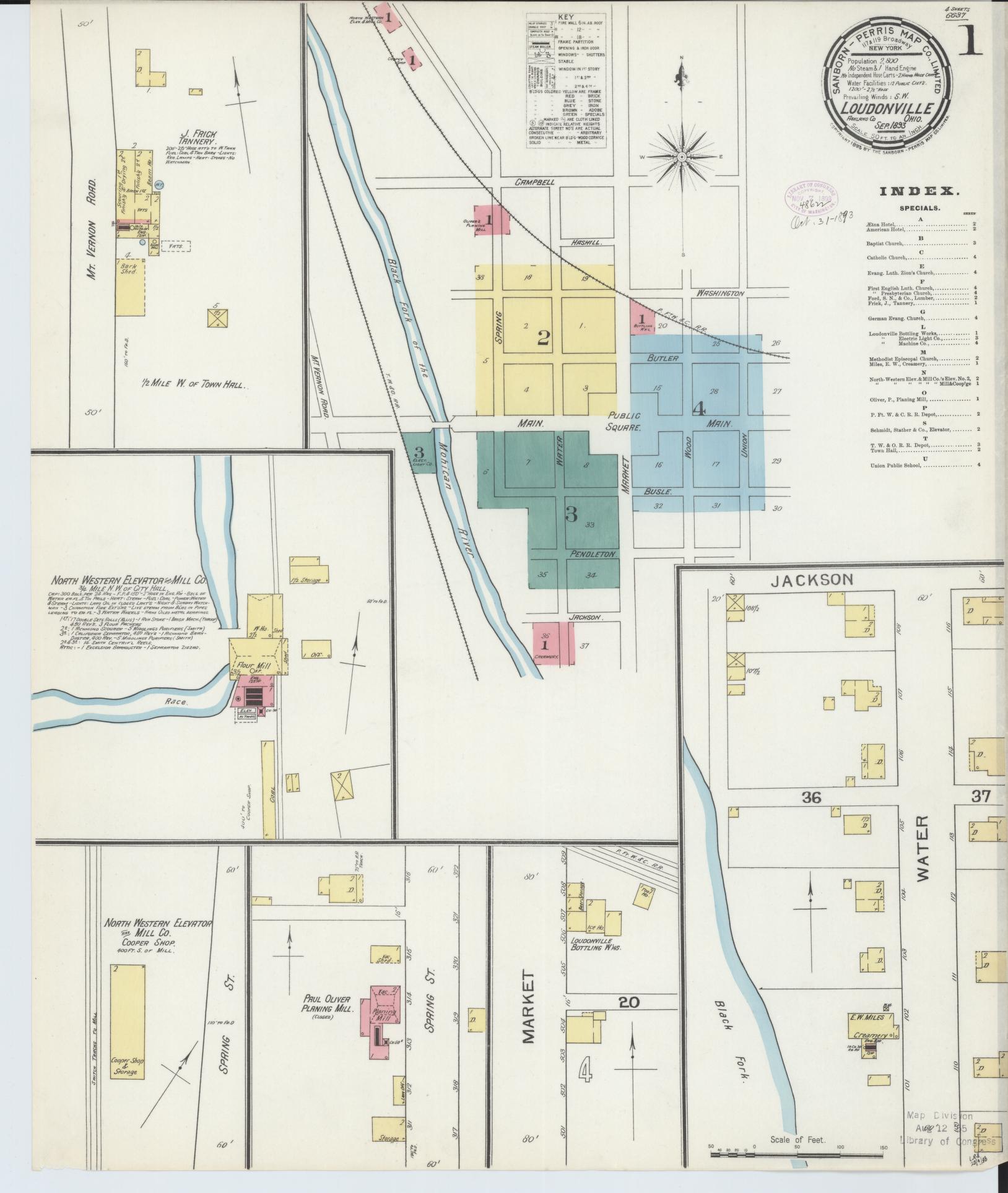 Sanborn Fire Insurance Map from Loudonville, Ashland County, Ohio (1893), Sheet #0001 - Complete Map Set gallery image, historic Sanborn map, vintage wall art, Ohio Ohio