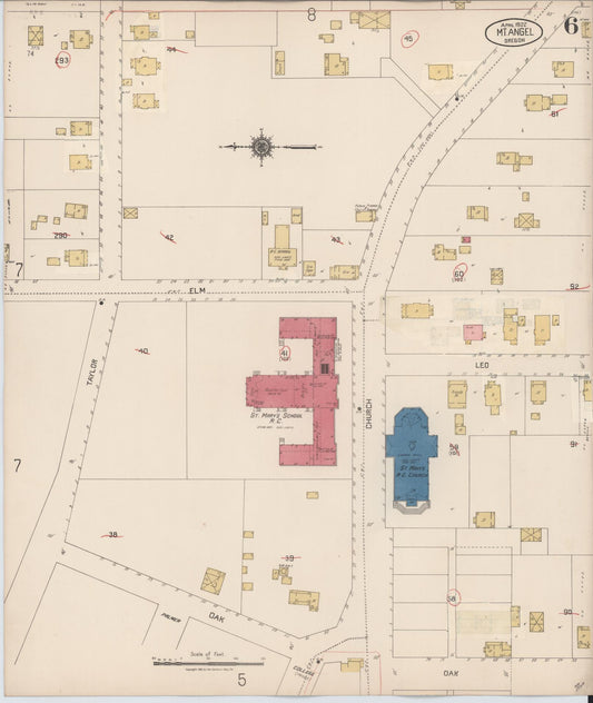 Sanborn Fire Insurance Map from Mount Angel, Marion County, Oregon (1931), Sheet #0006 - Historic Sanborn Fire Insurance Map Print, vintage old map wall art, antique decor, genealogy gift, Oregon Oregon map