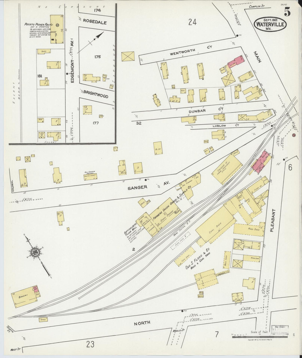 Sanborn Fire Insurance Map from Waterville, Kennebec County, Maine (1921), Sheet #0005 - Historic Sanborn Fire Insurance Map Print, vintage old map wall art, antique decor, genealogy gift, Maine Maine map