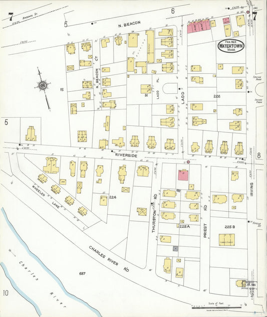 Sanborn Fire Insurance Map from Watertown, Middlesex County, Massachusetts (1923), Sheet #0007 - Historic Sanborn Fire Insurance Map Print, vintage old map wall art, antique decor, genealogy gift, Massachusetts Massachusetts map