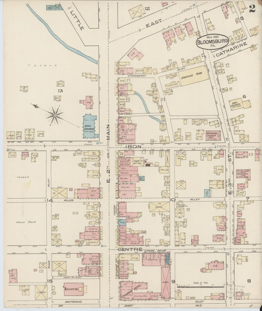 Sanborn Fire Insurance Map from Bloomsburg, Columbia County, Pennsylvania (1885), Sheet #0002 - Historic Sanborn Fire Insurance Map Print, vintage old map wall art, antique decor, genealogy gift, Pennsylvania Pennsylvania map