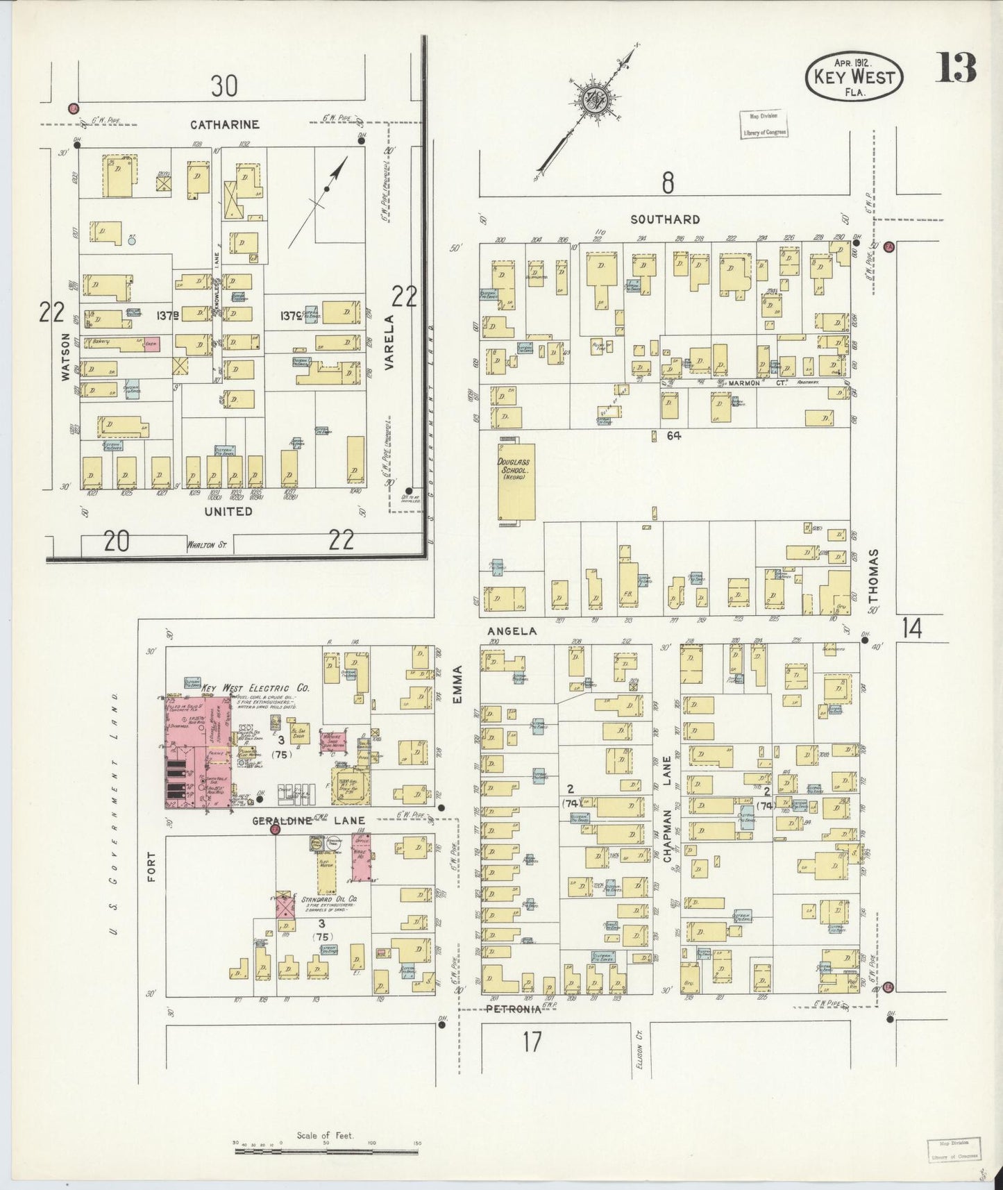 Sanborn Fire Insurance Map from Key West, Monroe County, Florida (1912), Sheet #0013 - Historic Sanborn Fire Insurance Map Print, vintage old map wall art, antique decor, genealogy gift, Florida Florida map