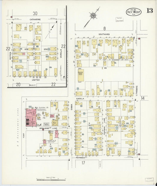 Sanborn Fire Insurance Map from Key West, Monroe County, Florida (1912), Sheet #0013 - Historic Sanborn Fire Insurance Map Print, vintage old map wall art, antique decor, genealogy gift, Florida Florida map