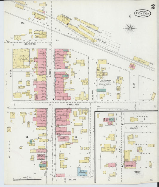 Sanborn Fire Insurance Map from Fenton, Genesee County, Michigan (1895), Sheet #0002 - Historic Sanborn Fire Insurance Map Print, vintage old map wall art, antique decor, genealogy gift, Michigan Michigan map
