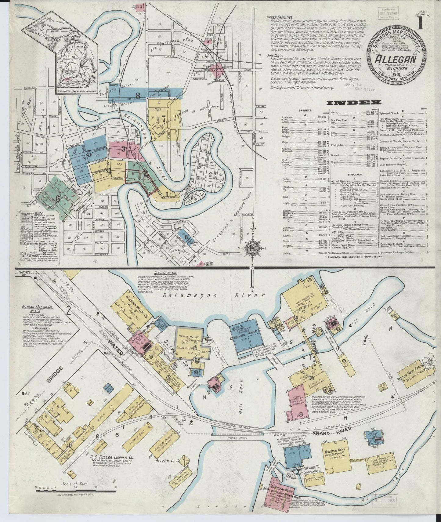 Sanborn Fire Insurance Map from Allegan, Allegan County, Michigan (1918), Sheet #0001 - Historic Sanborn Fire Insurance Map Print, vintage old map wall art, antique decor, genealogy gift, Michigan Michigan map