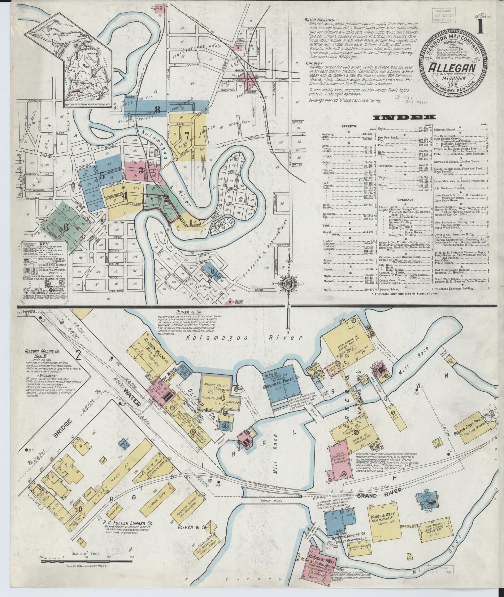 Sanborn Fire Insurance Map from Allegan, Allegan County, Michigan (1918), Sheet #0001 - Historic Sanborn Fire Insurance Map Print, vintage old map wall art, antique decor, genealogy gift, Michigan Michigan map