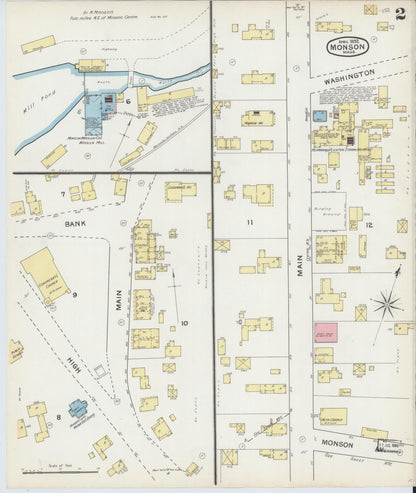 Sanborn Fire Insurance Map from Monson, Hampden County, Massachusetts (1892), Sheet #0002 - Historic Sanborn Fire Insurance Map Print, vintage old map wall art, antique decor, genealogy gift, Massachusetts Massachusetts map