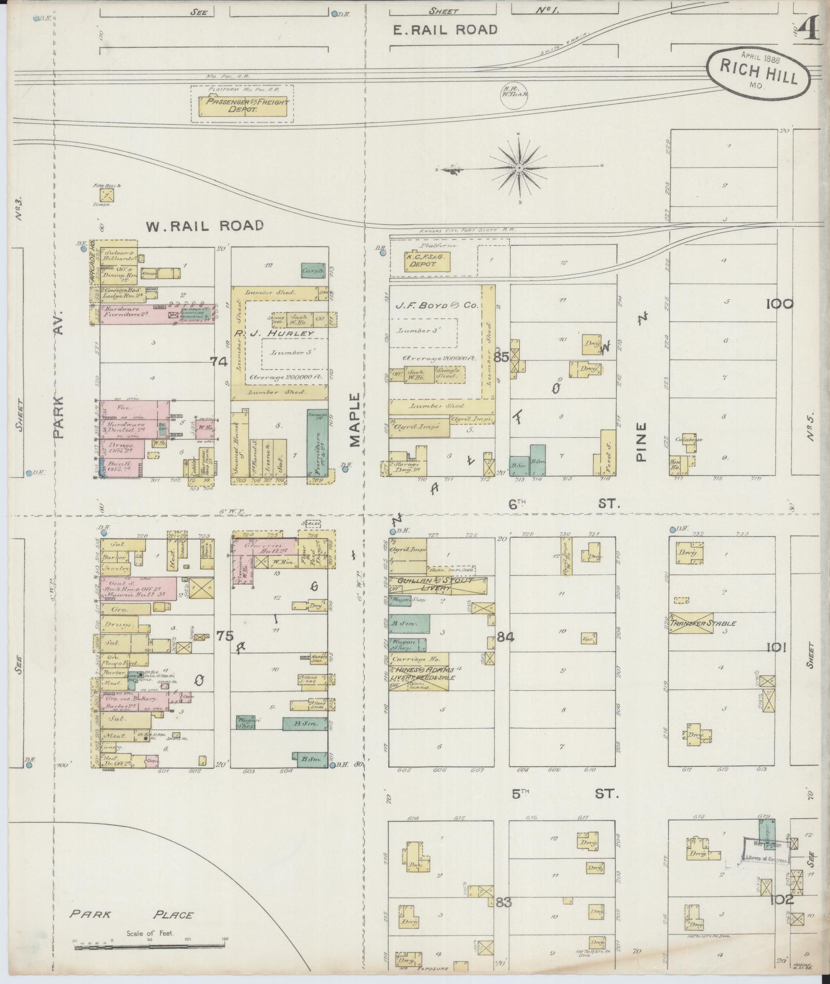 Sanborn Fire Insurance Map from Rich Hill, Bates County, Missouri (1888), Sheet #0004 - Historic Sanborn Fire Insurance Map Print, vintage old map wall art, antique decor, genealogy gift, Missouri Missouri map