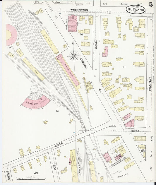 Sanborn Fire Insurance Map from Rutland, Rutland County, Vermont (1890), Sheet #0005 - Historic Sanborn Fire Insurance Map Print, vintage old map wall art, antique decor, genealogy gift, Vermont Vermont map