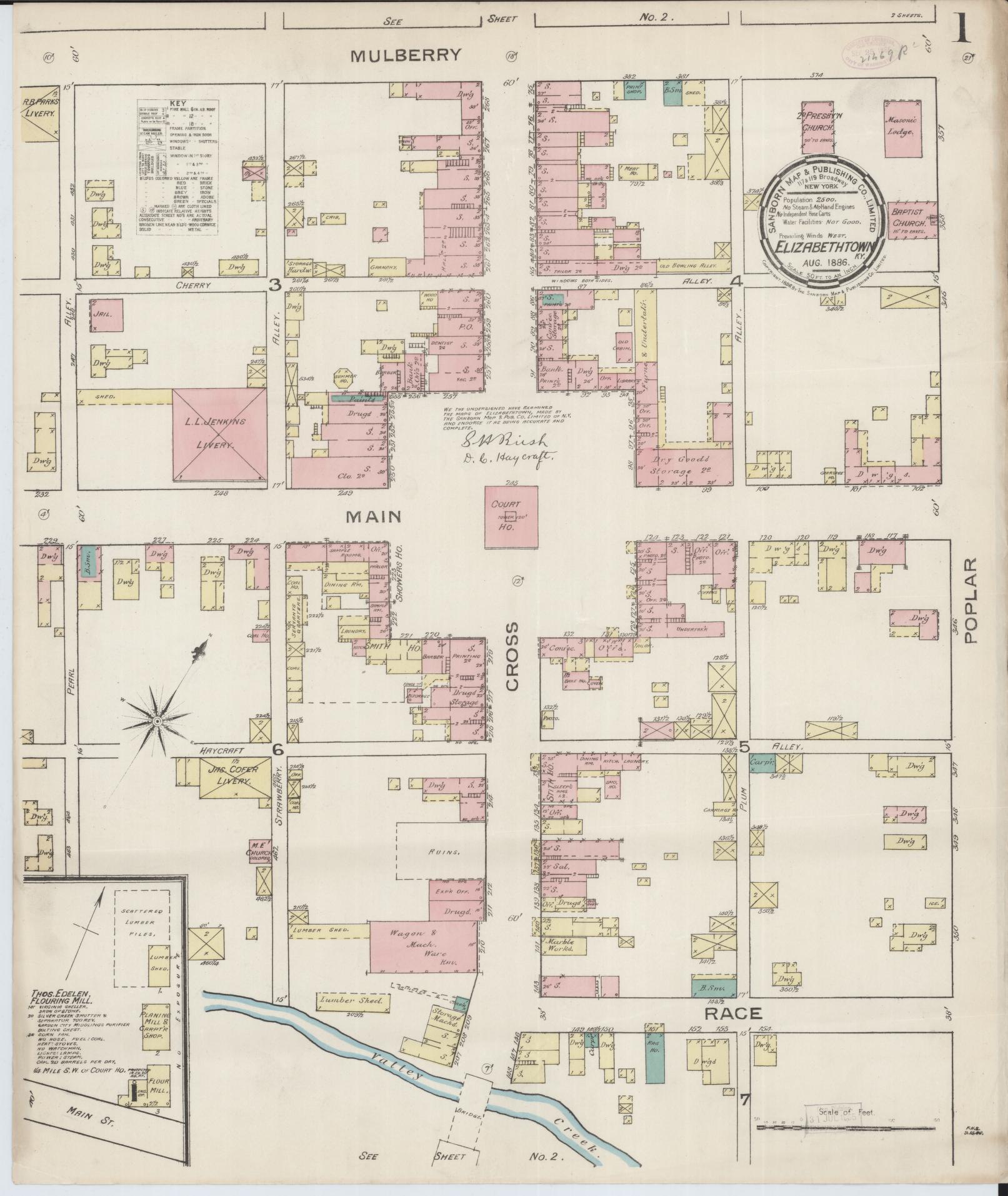 Sanborn Fire Insurance Map from Elizabethtown, Hardin County, Kentucky (1886), Sheet #0001 - Complete Map Set gallery image, historic Sanborn map, vintage wall art, Kentucky Kentucky