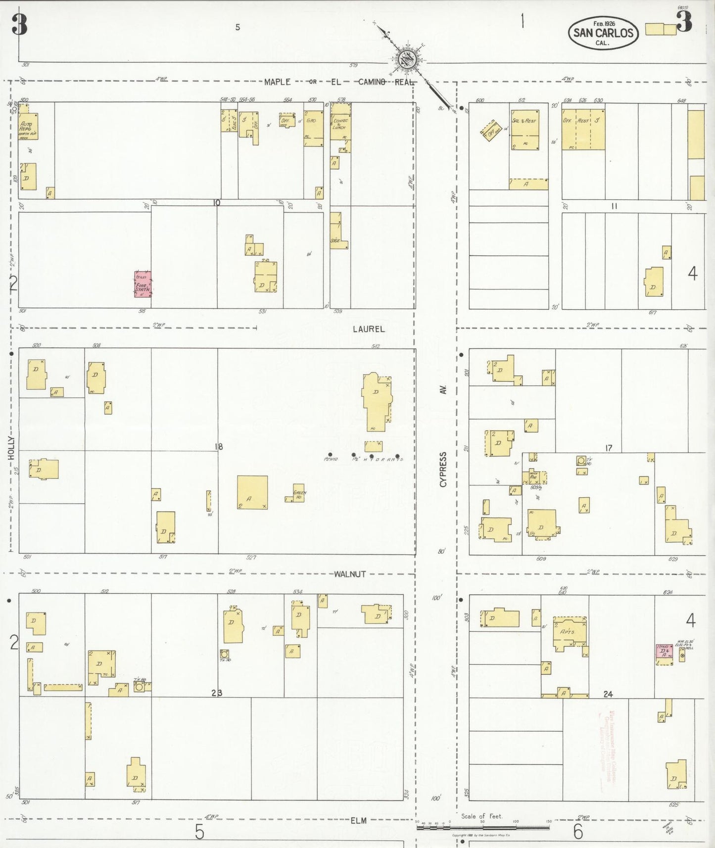 Sanborn Fire Insurance Map from San Carlos, San Mateo County, California (1926), Sheet #0003 - Complete Map Set gallery image, historic Sanborn map, vintage wall art, California California