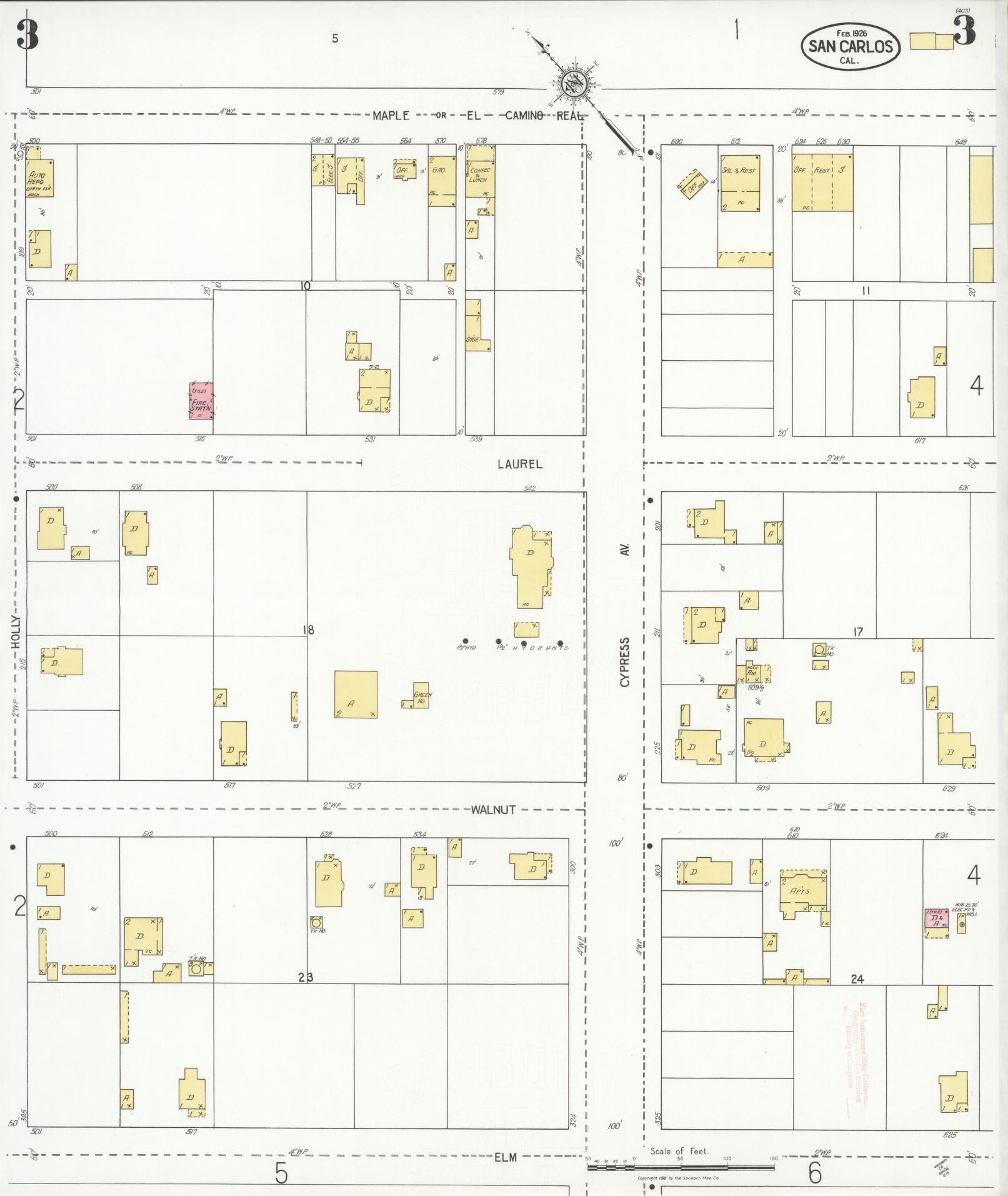 Sanborn Fire Insurance Map from San Carlos, San Mateo County, California (1926), Sheet #0003 - Complete Map Set gallery image, historic Sanborn map, vintage wall art, California California