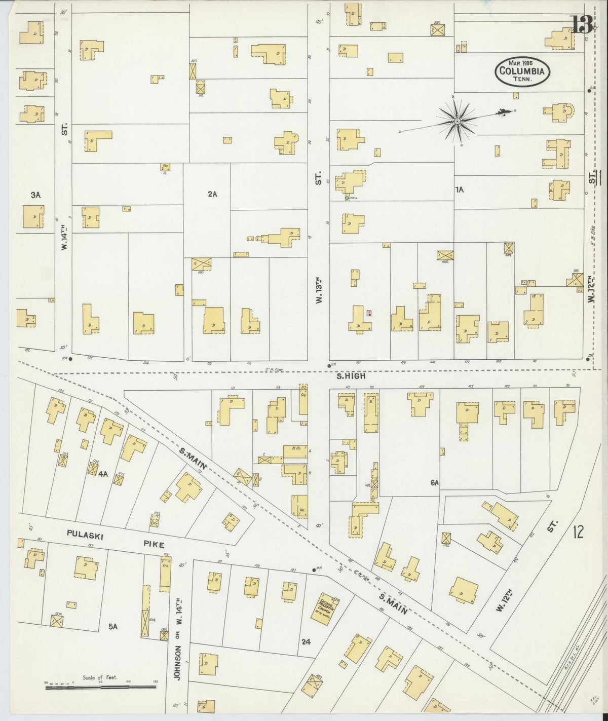 Sanborn Fire Insurance Map from Columbia, Maury County, Tennessee (1905), Sheet #0013 - Complete Map Set gallery image, historic Sanborn map, vintage wall art, Tennessee Tennessee