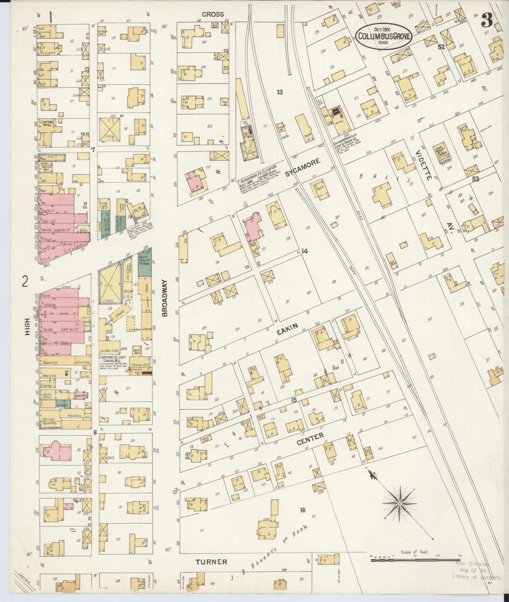 Sanborn Fire Insurance Map from Columbus Grove, Putnam County, Ohio (1901), Sheet #0003 - Historic Sanborn Fire Insurance Map Print, vintage old map wall art, antique decor, genealogy gift, Ohio Ohio map