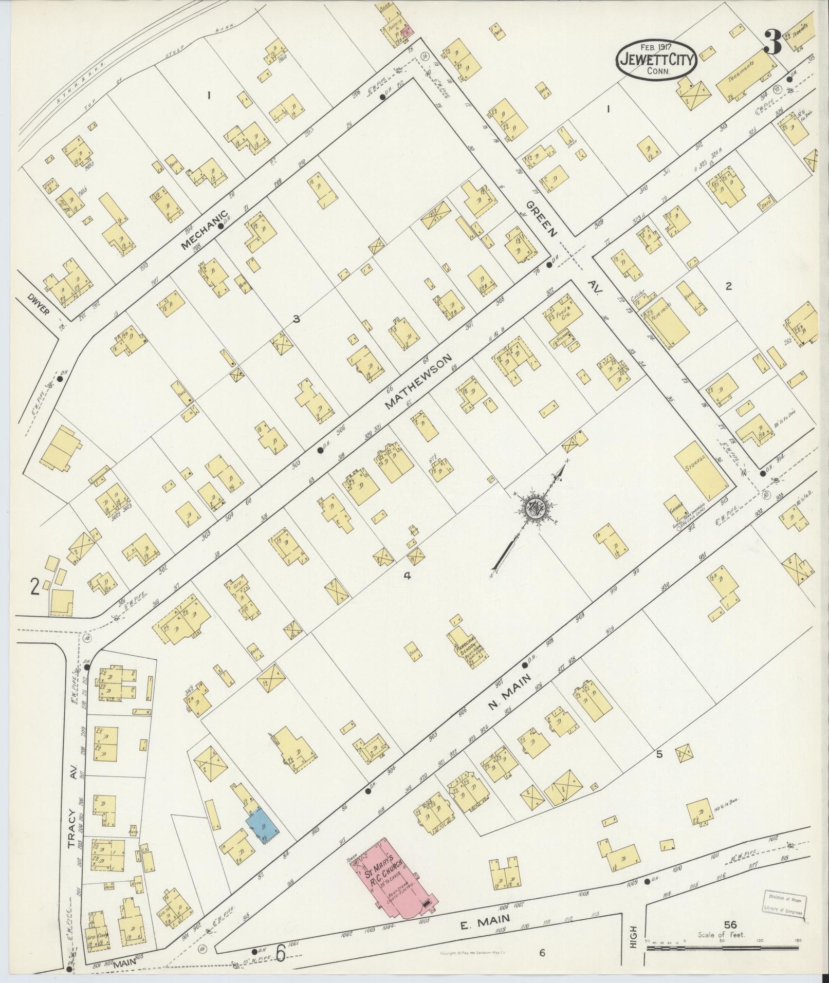 Sanborn Fire Insurance Map from Jewett City, New London County, Connecticut (1917), Sheet #0003 - Complete Map Set gallery image, historic Sanborn map, vintage wall art, Connecticut Connecticut