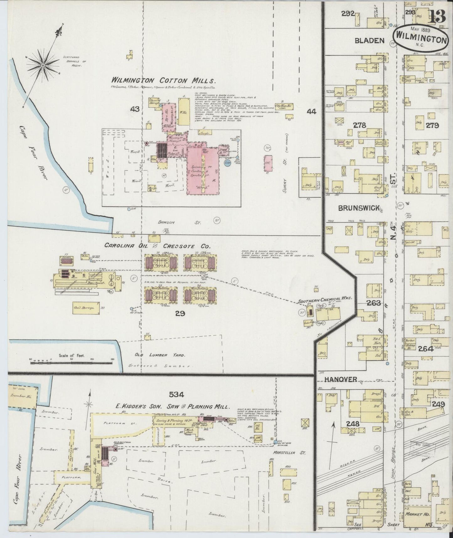 Sanborn Fire Insurance Map from Wilmington, New Hanover County, North Carolina (1889), Sheet #0013 - Complete Map Set gallery image, historic Sanborn map, vintage wall art, North Carolina North Carolina