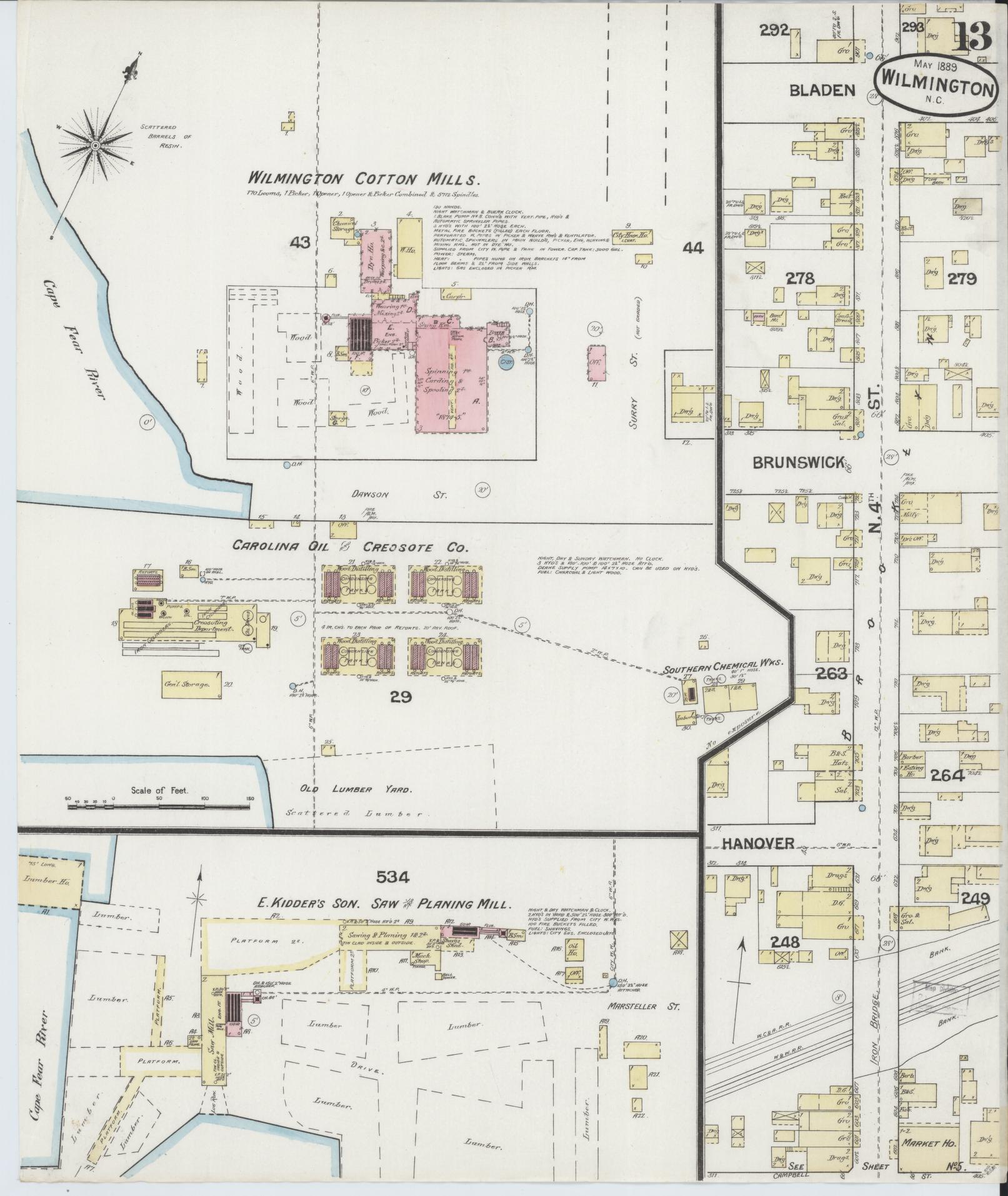 Sanborn Fire Insurance Map from Wilmington, New Hanover County, North Carolina (1889), Sheet #0013 - Complete Map Set gallery image, historic Sanborn map, vintage wall art, North Carolina North Carolina