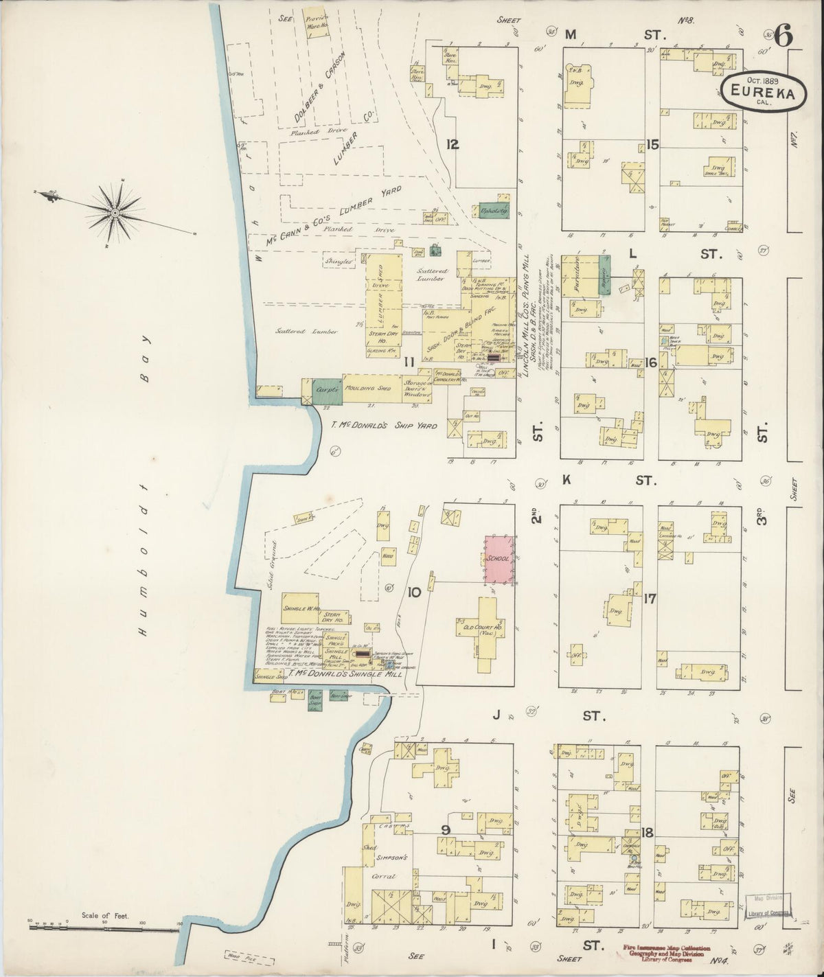 Sanborn Fire Insurance Map from Eureka, Humboldt County, California (1889), Sheet #0006 - Complete Map Set gallery image, historic Sanborn map, vintage wall art, California California
